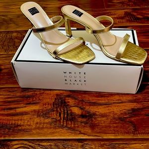 White House Black Market open square toe gold strap heel!